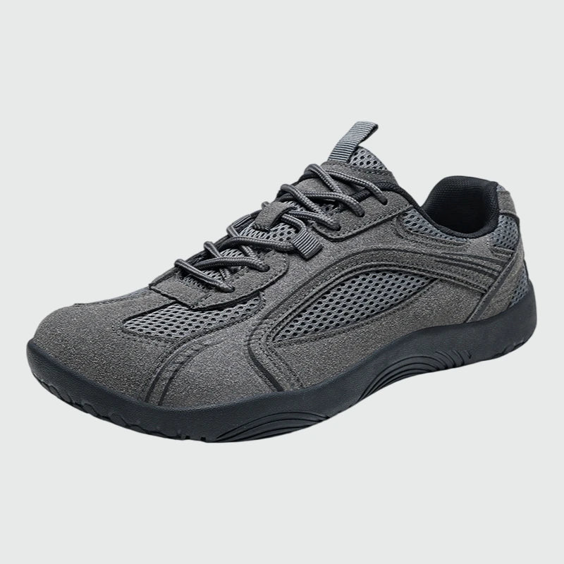 Dannto Aero N1 - men's and women's gray wide toe box barefoot shoes shown from a three quarter view