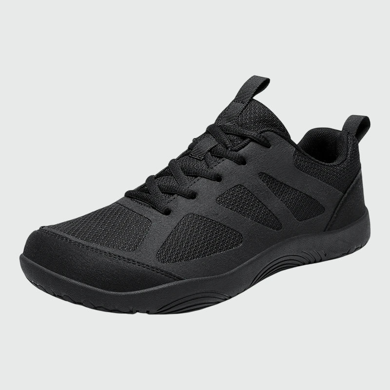 Dannto Aero N3 - men's black wide toe box barefoot shoes shown from a three quarter view