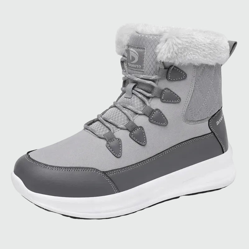 Dannto women‘s light gray winter snow Boots shown at a side angle