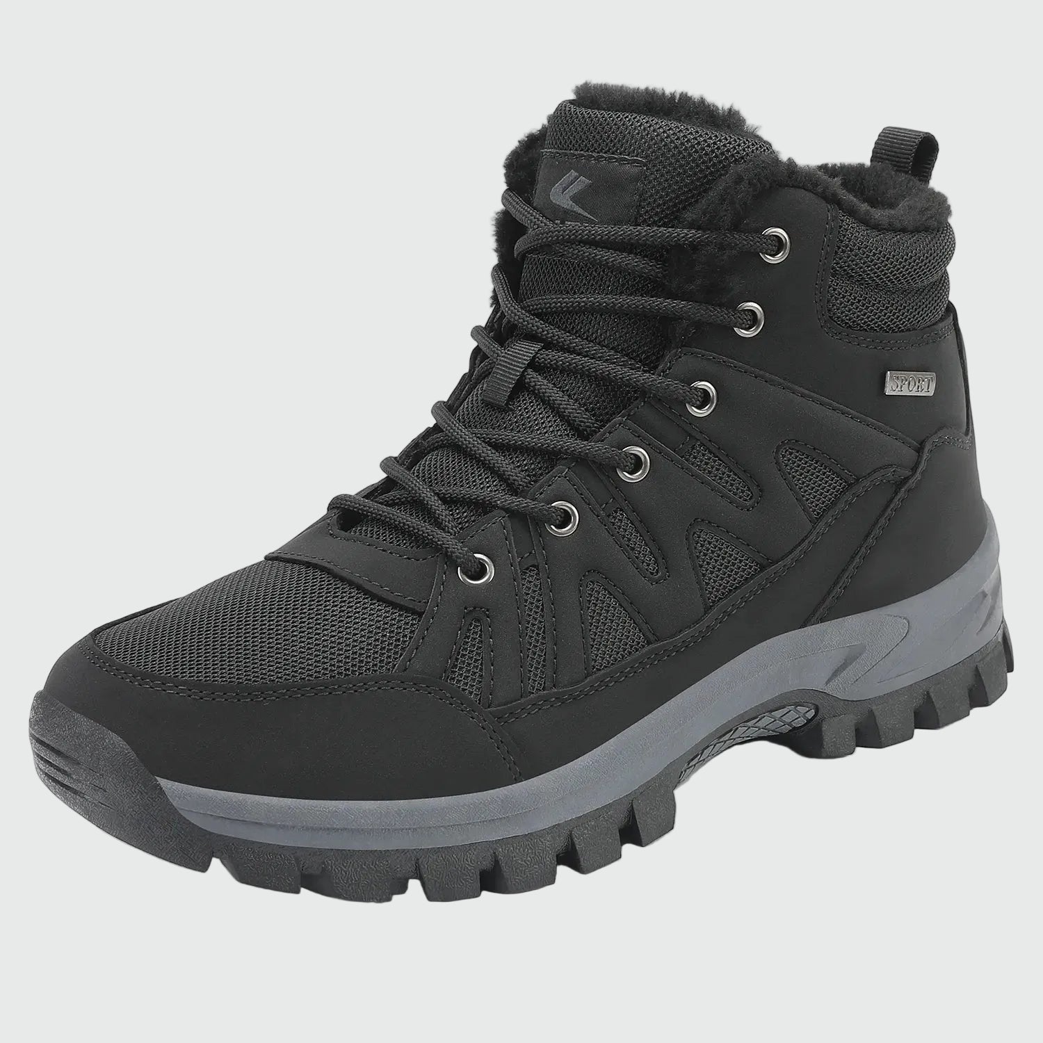 Dannto men‘s black winter snow Boots shown at a side angle