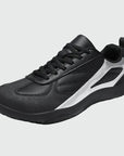 Dannto black casual barefoot shoes shown from a three quarter view