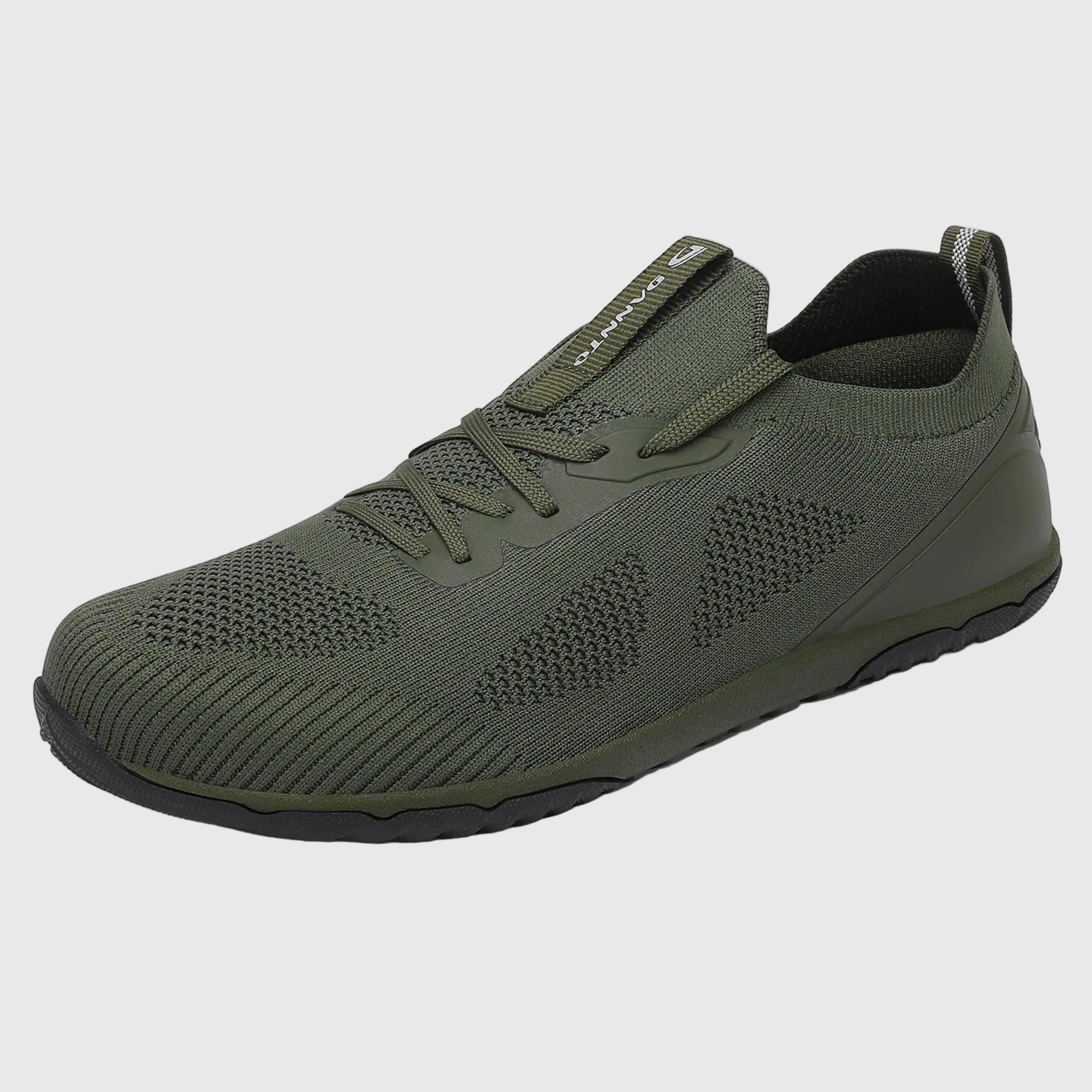 Dannto green zero drop barefoot sneakers shown from a three quarter view