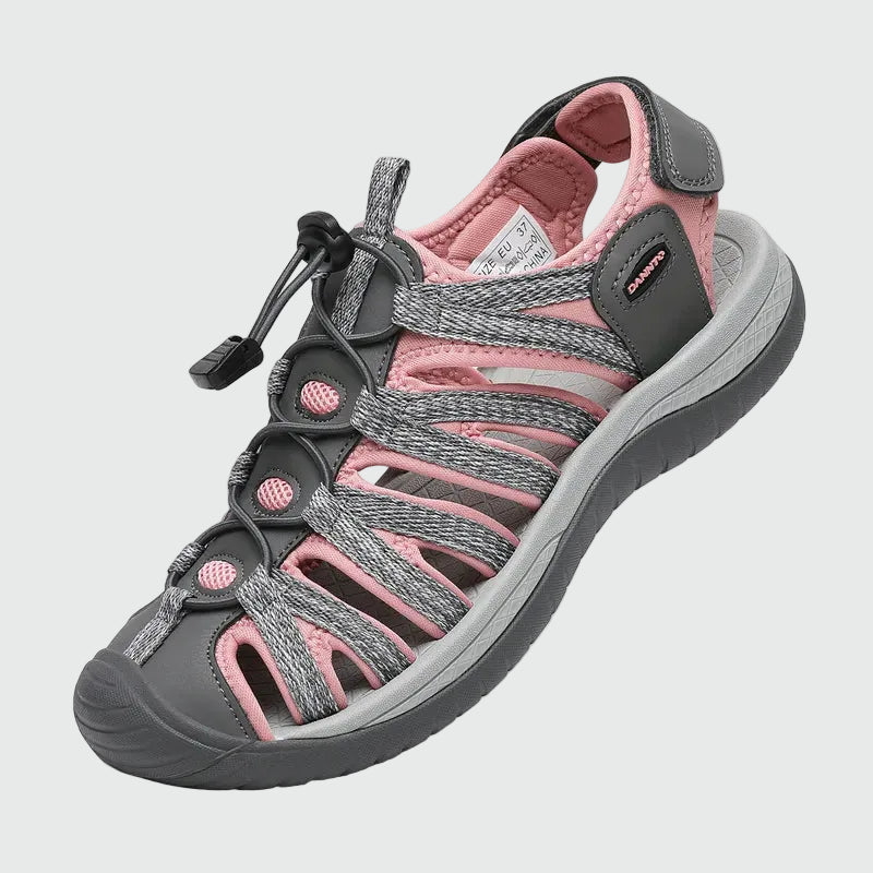 Dannto women's closed toe hiking sandals S2 gray pink shown from a three quarter view