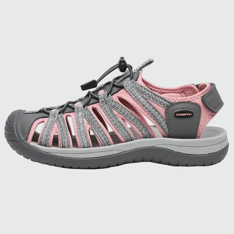 Dannto Damen-Wandersandalen mit geschlossener Zehenpartie S2 grau rosa, von der Seite dargestellt