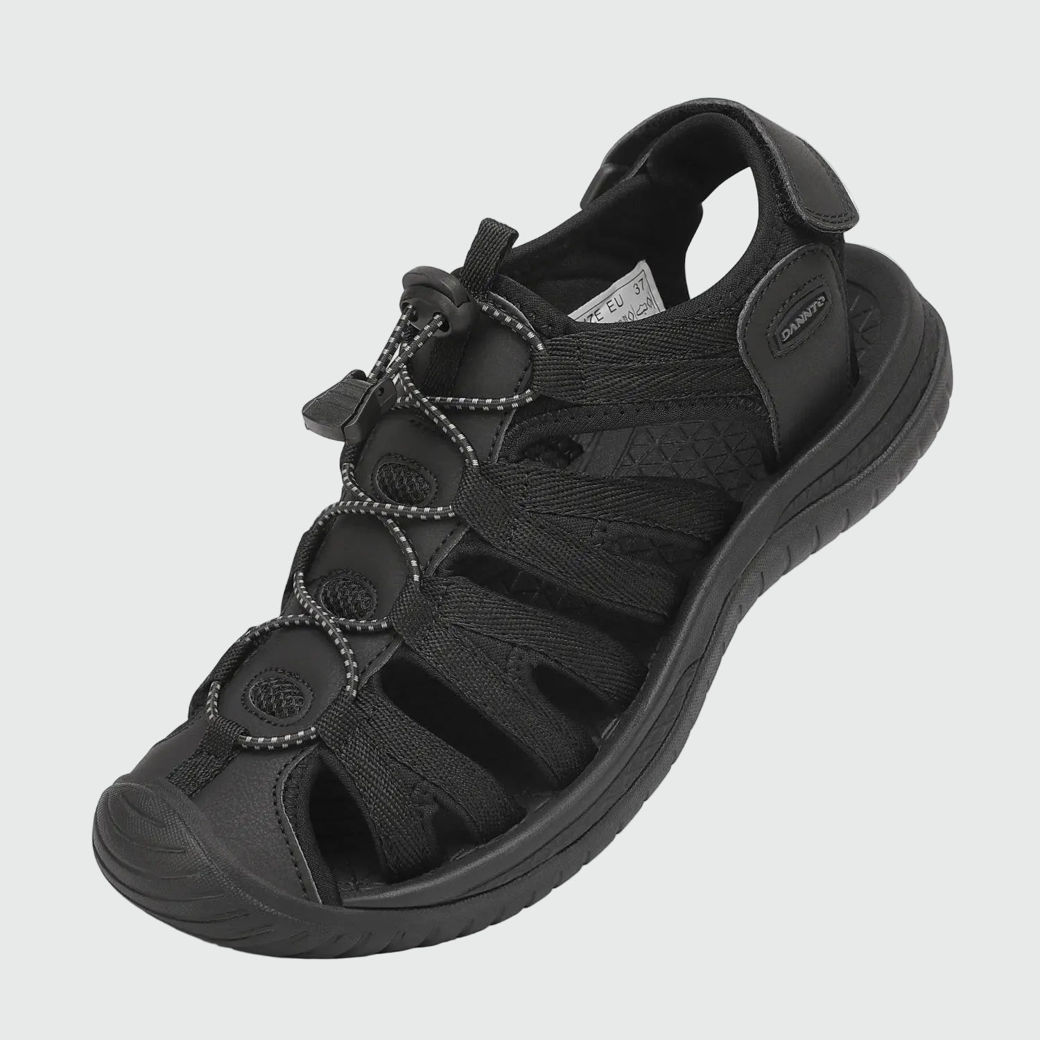 Dannto women's closed toe hiking sandals S2 black shown from a three quarter view