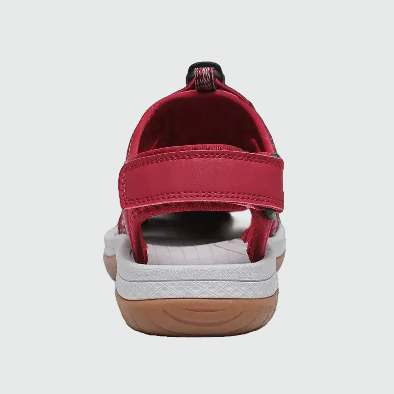 Dannto Damen-Wandersandalen mit geschlossenem Zehenbereich S2 rot, von hinten dargestellt