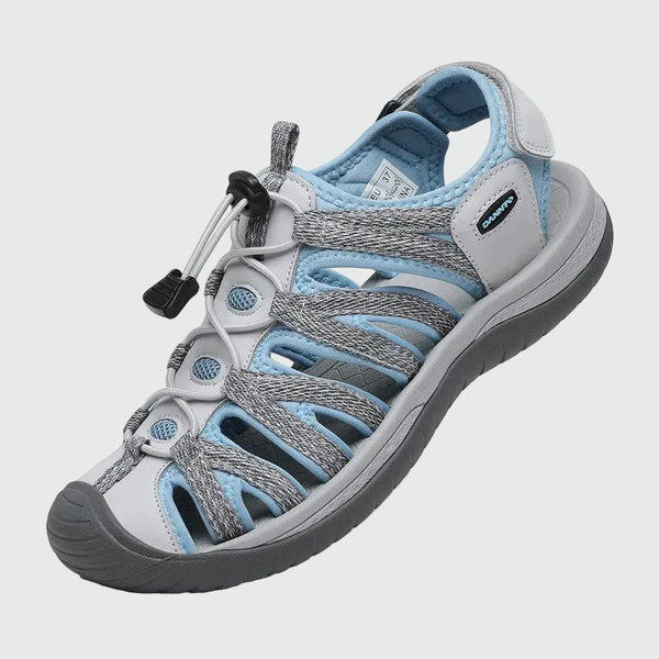 Dannto women's closed toe hiking sandals S2 white blue shown from a three quarter view