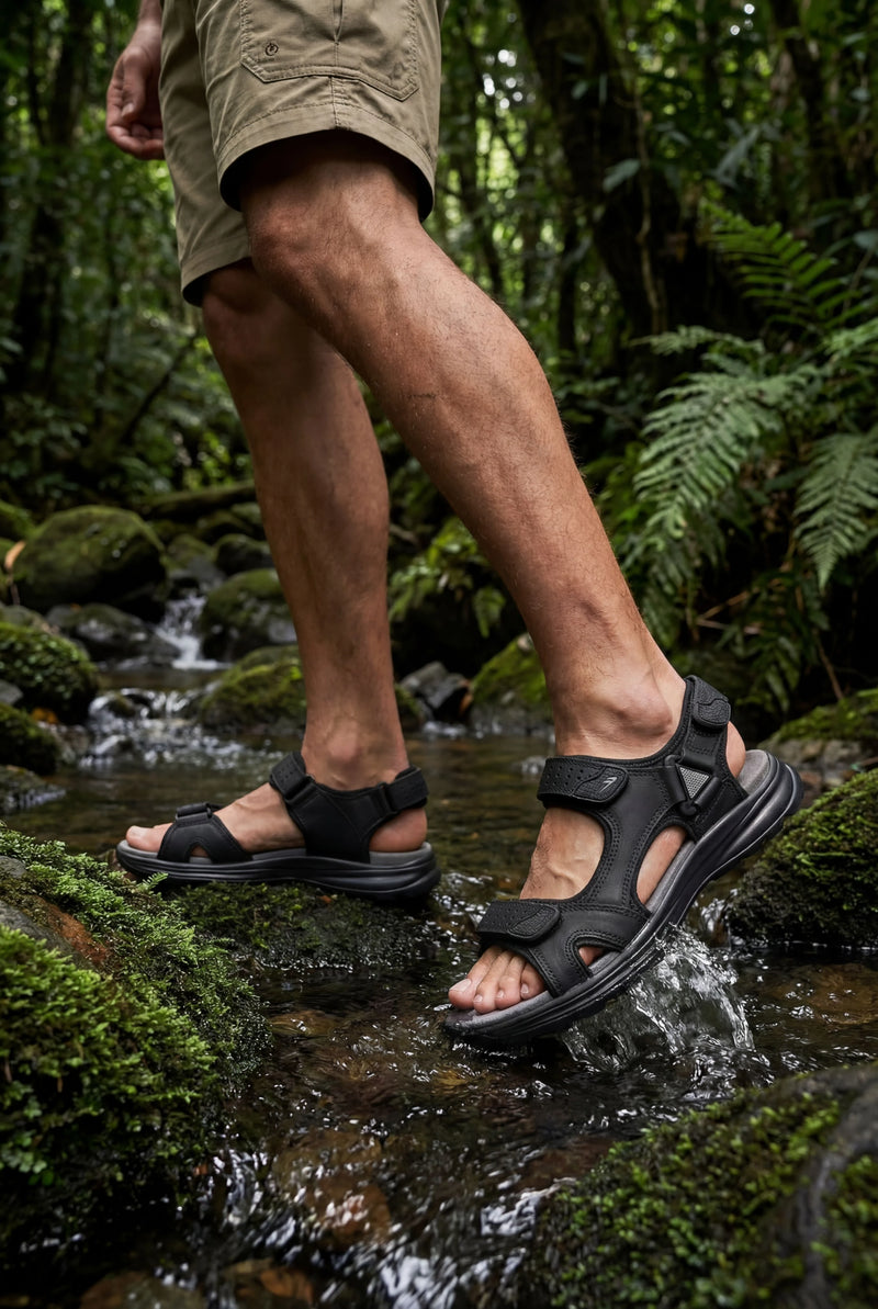 Men's outdoor black sport sandals with adjustable straps, non-slip sole for hiking and water activities